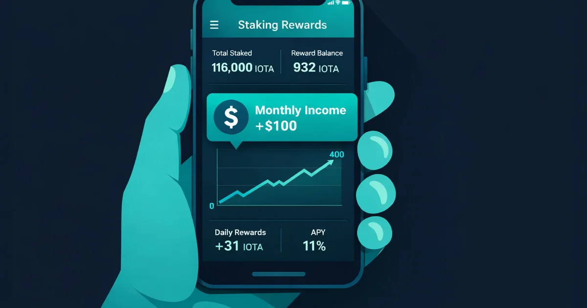 IOTA staking rewards dashboard showing 116,000 IOTA staked earning $100 monthly income at 11% APY