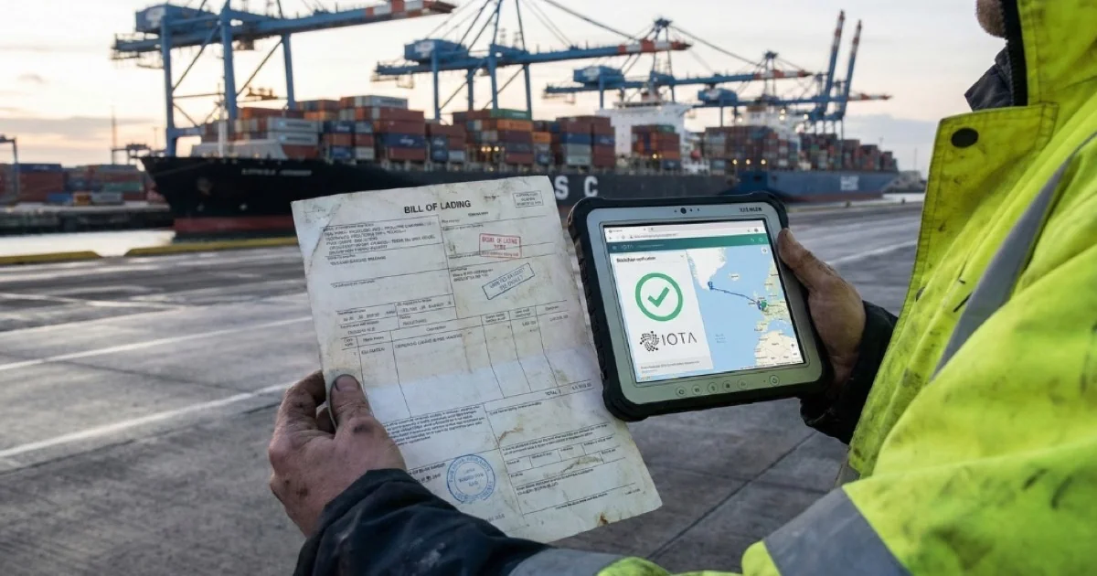 Abstract visualization of global trade networks connected through blockchain technology