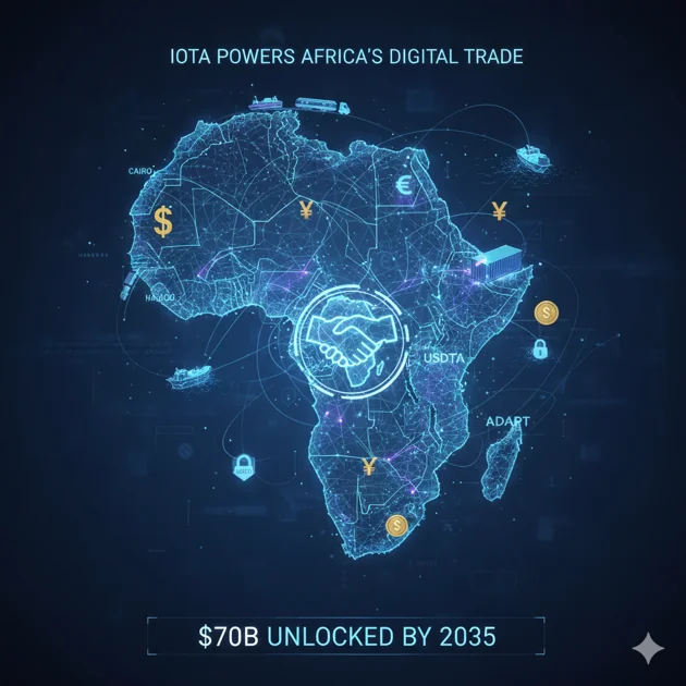 Digital map of Africa connected by glowing IOTA Tangle lines with trade symbols and stablecoin icons