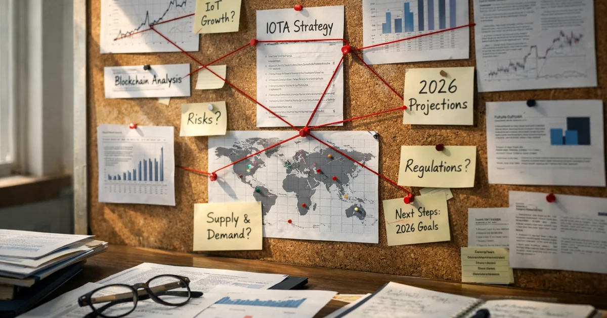 IOTA strategy board with 2026 projections, market trends, blockchain analysis, and global adoption map