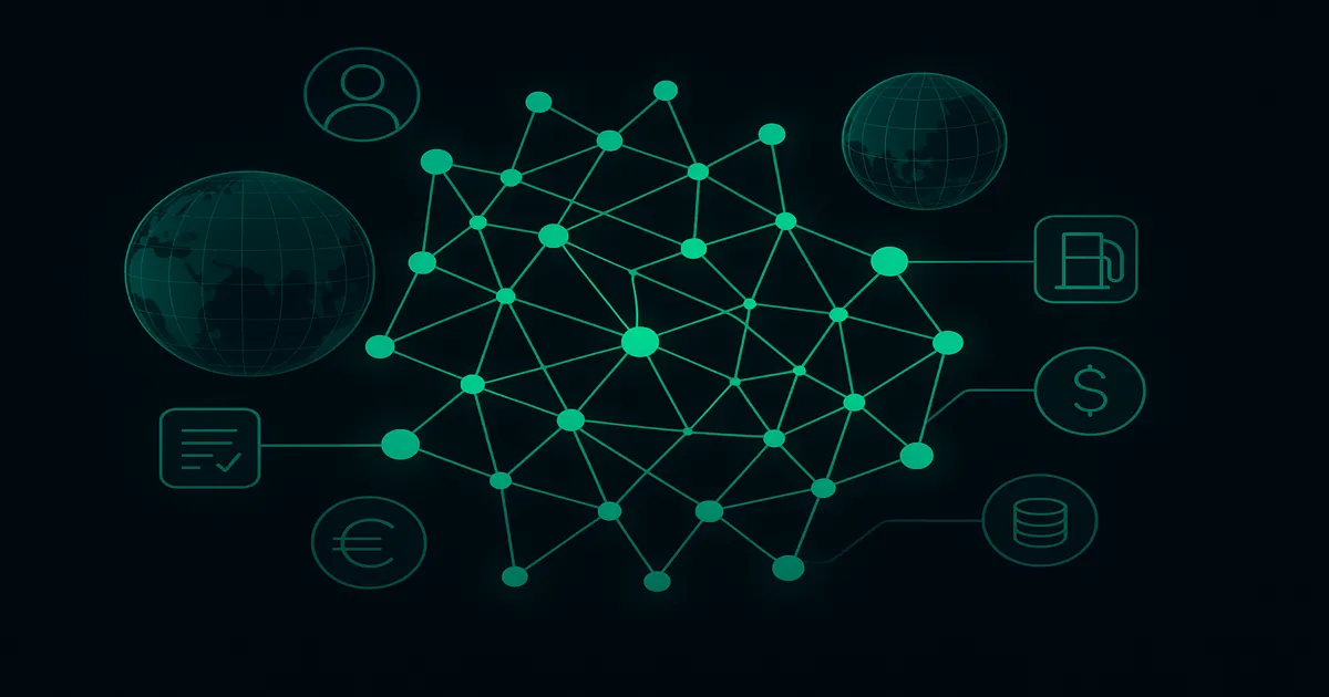 Glowing teal network diagram showing interconnected nodes with icons for global trade, digital identity, verified documents, stablecoins (dollar and euro symbols), and tokenized assets, representing IOTA's trust framework for verified digital assets