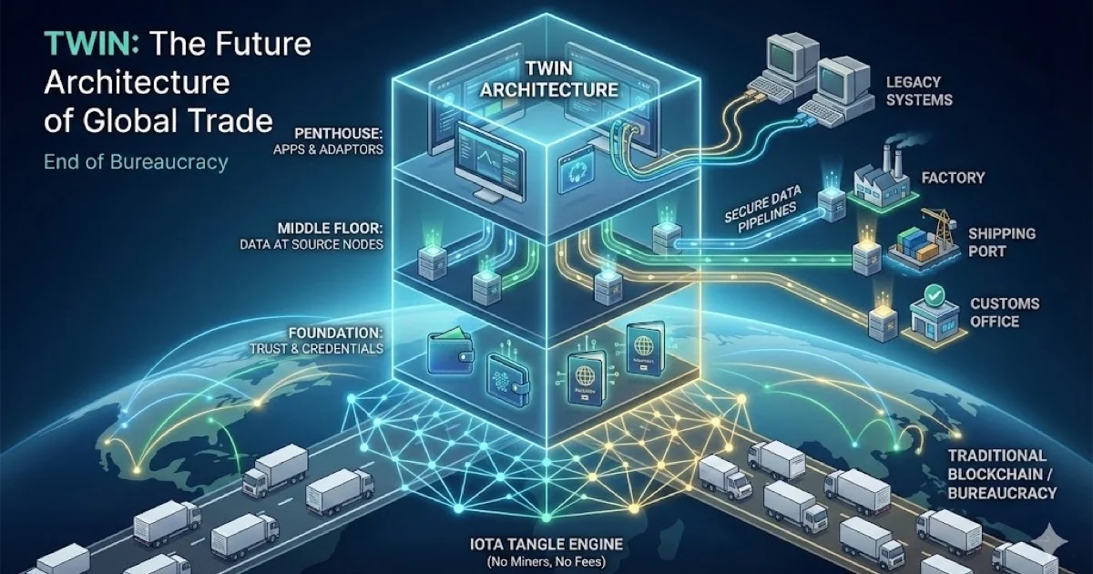 Digital network diagram showing global trade connections and TWIN architecture